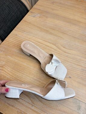 Women's Cream Low Block Heel Slide Sandals with Bow